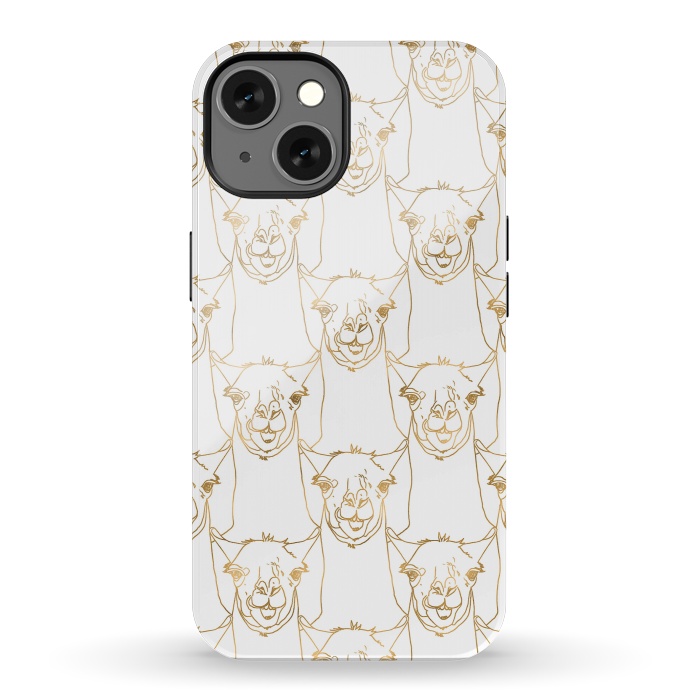 iPhone 13 StrongFit Cute Gold Strokes Llama Animal White Pattern by InovArts