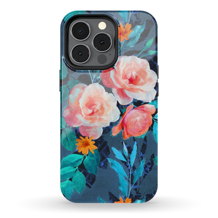 iPhone 13 pro StrongFit Retro Rose Chintz in Radiant Coral on Blue by Micklyn Le Feuvre