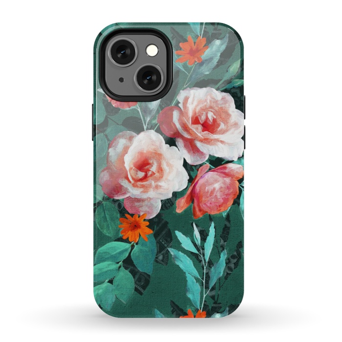 iPhone 13 mini StrongFit Retro Rose Chintz in Melon Pink on Dark Emerald Green by Micklyn Le Feuvre