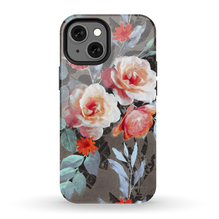 iPhone 13 mini StrongFit Retro Rose Chintz in Scarlet, Peach, Sage and Grey by Micklyn Le Feuvre