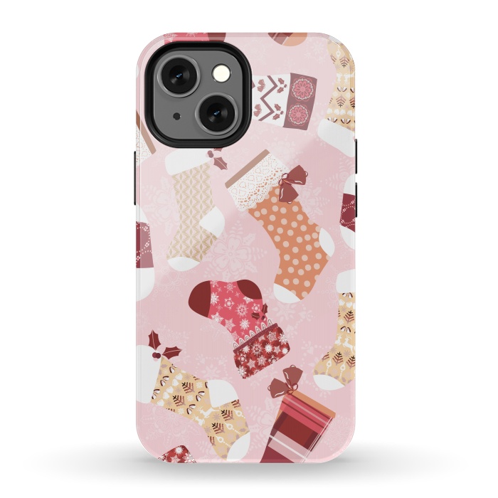 iPhone 13 mini StrongFit Christmas Stockings in Pink and Orange by Paula Ohreen