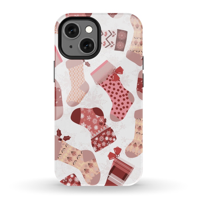 iPhone 13 mini StrongFit Christmas Stockings in Pink and Beige by Paula Ohreen
