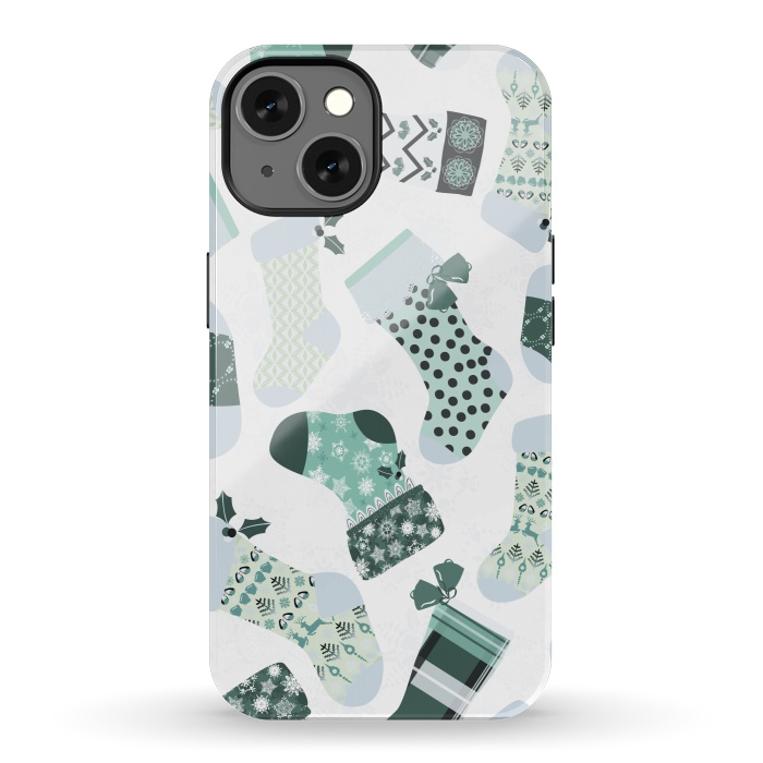 iPhone 13 StrongFit Christmas Stockings in Green and White by Paula Ohreen