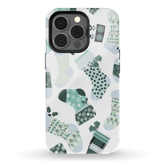 iPhone 13 pro StrongFit Christmas Stockings in Green and White by Paula Ohreen