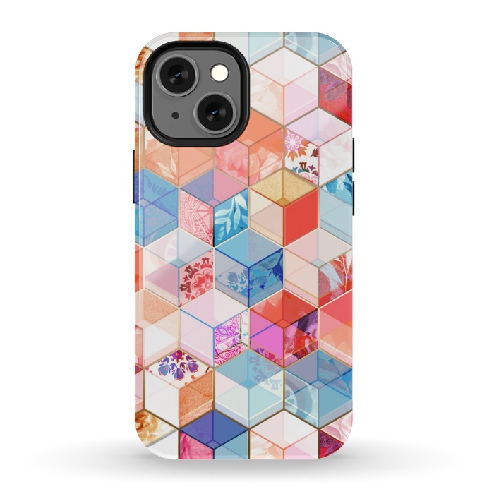 iPhone 13 mini StrongFit Coral, Cream and Cobalt Kaleidoscope Cubes by Micklyn Le Feuvre
