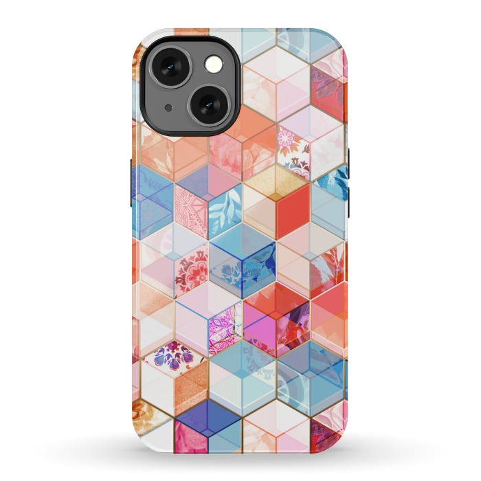 iPhone 13 StrongFit Coral, Cream and Cobalt Kaleidoscope Cubes by Micklyn Le Feuvre