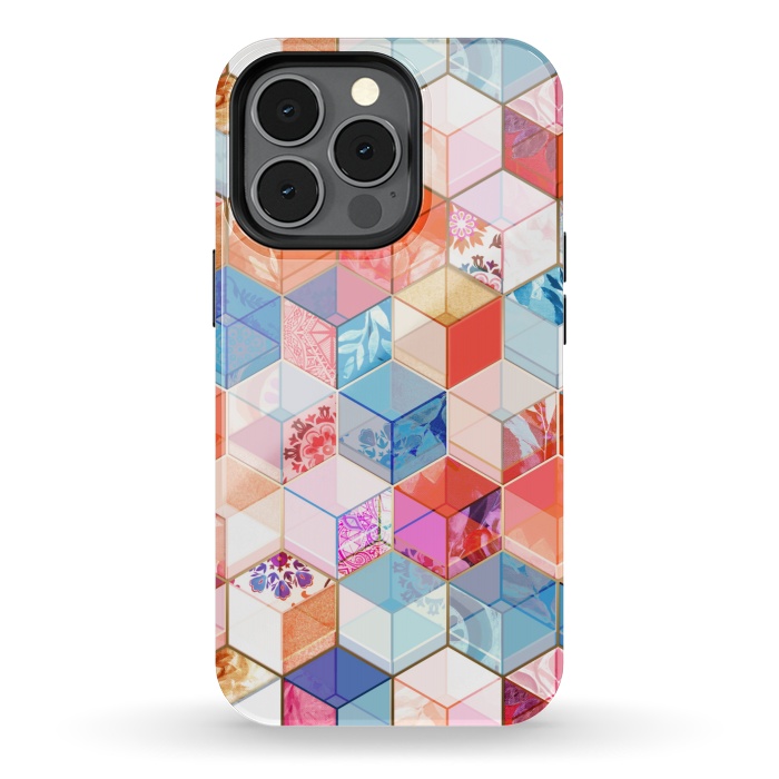 iPhone 13 pro StrongFit Coral, Cream and Cobalt Kaleidoscope Cubes by Micklyn Le Feuvre