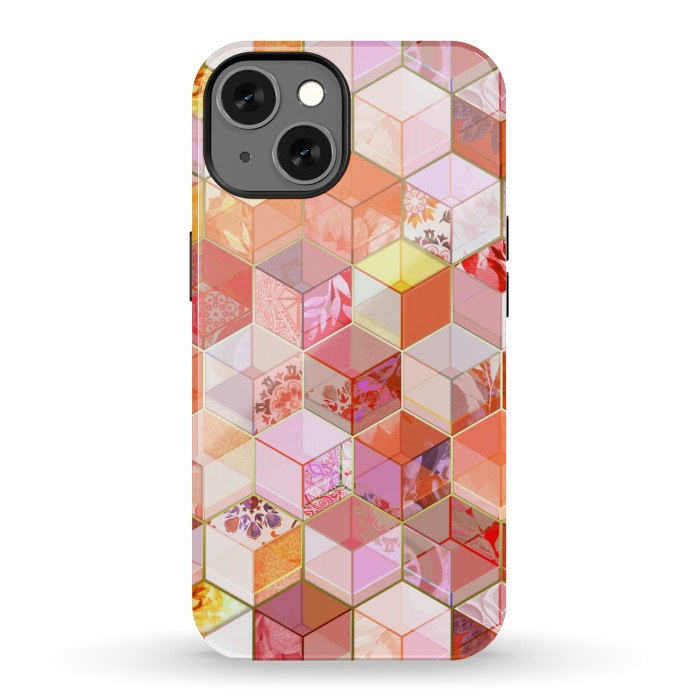 iPhone 13 StrongFit Gold and Garnet Kaleidoscope Cubes by Micklyn Le Feuvre