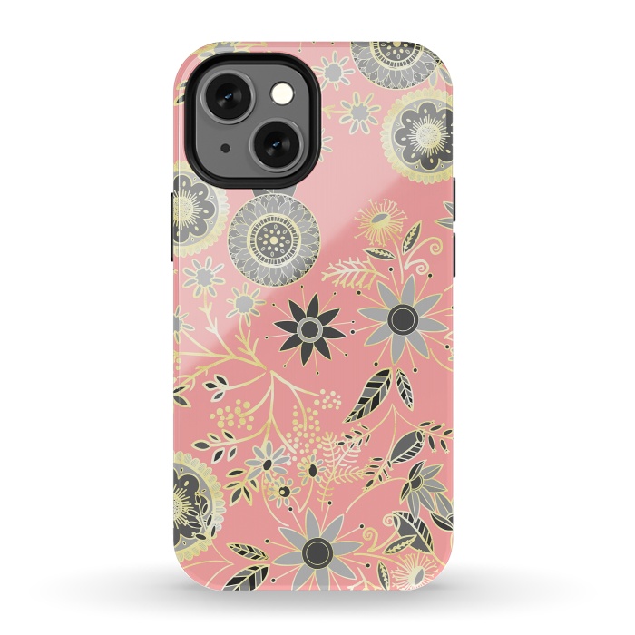 iPhone 13 mini StrongFit Elegant Gray and Pink Folk Floral Golden Design by InovArts