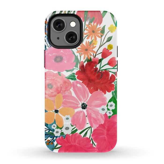 iPhone 13 mini StrongFit Trendy Pink watercolor Floral Bouquet White Design by InovArts