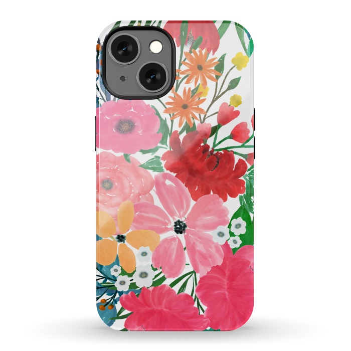 iPhone 13 StrongFit Trendy Pink watercolor Floral Bouquet White Design by InovArts