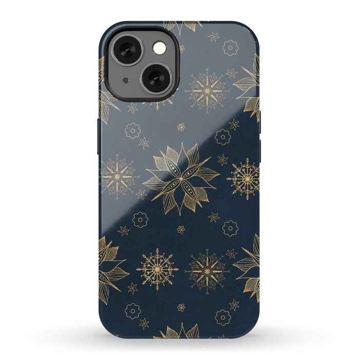 iPhone 13 StrongFit Elegant Gold Blue Poinsettias Snowflakes Pattern by InovArts
