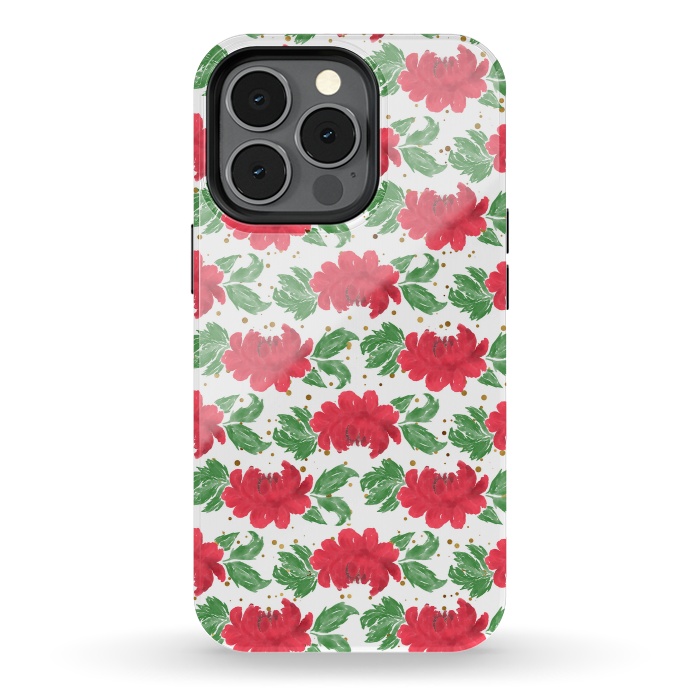 iPhone 13 pro StrongFit Watercolor Winter Red Flowers Gold Dots Artwork by InovArts