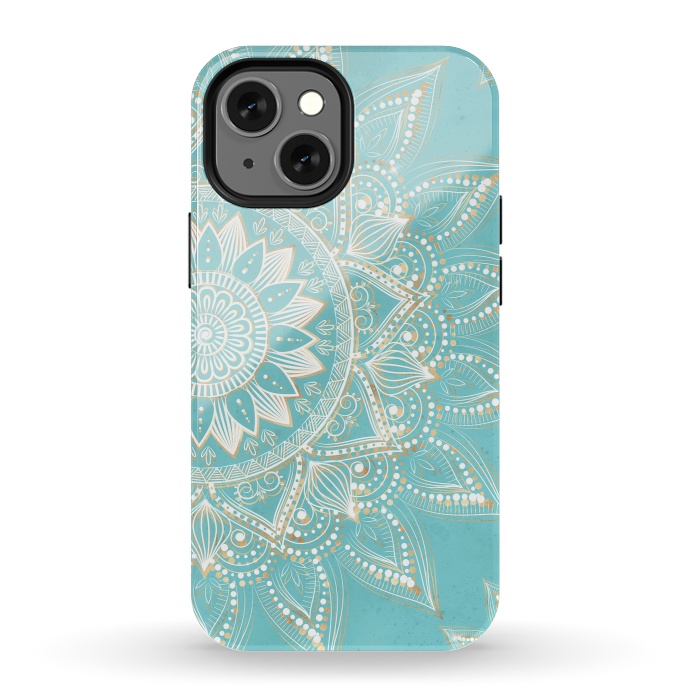 iPhone 13 mini StrongFit Elegant White Gold Mandala Sky Blue Design by InovArts