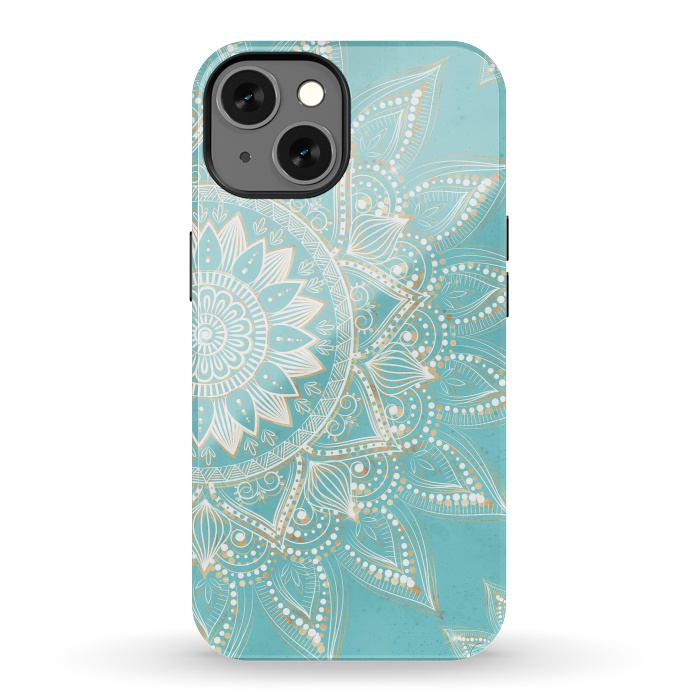 iPhone 13 StrongFit Elegant White Gold Mandala Sky Blue Design by InovArts