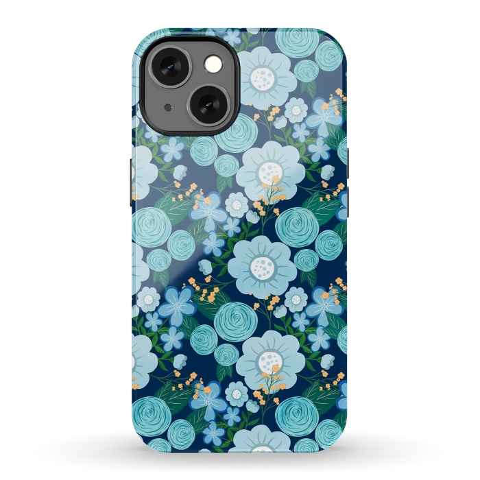 iPhone 13 StrongFit Cute Girly Blue Hand Drawn Flowers Pattern by InovArts