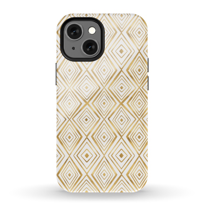iPhone 13 mini StrongFit Stylish Gold Diamond Shapes Doodles White Pattern by InovArts