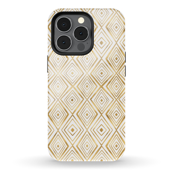 iPhone 13 pro StrongFit Stylish Gold Diamond Shapes Doodles White Pattern by InovArts
