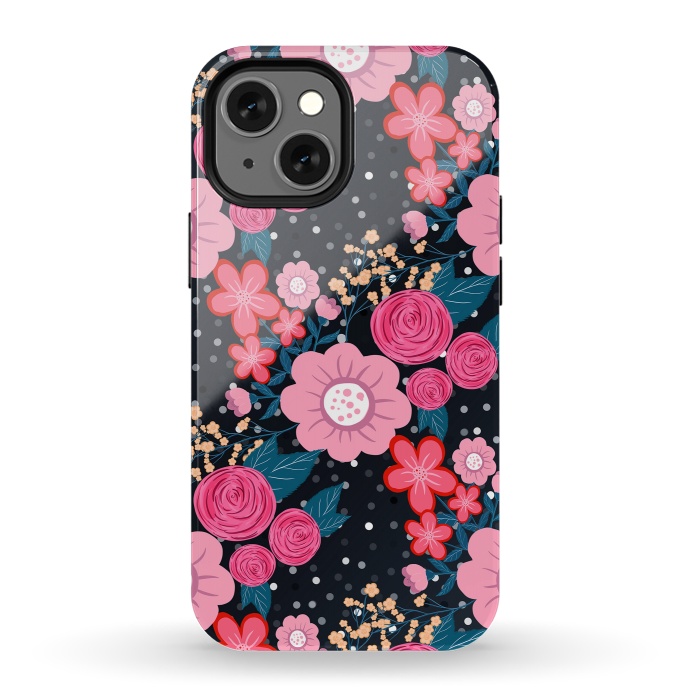 iPhone 13 mini StrongFit Pretty girly pink Floral Silver Dots Gray design by InovArts