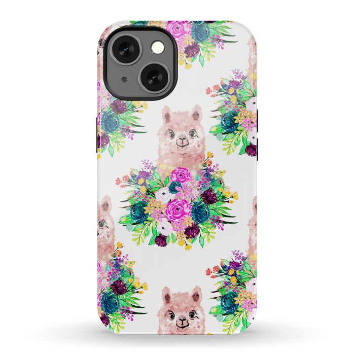 iPhone 13 StrongFit Cute Pink Alpaca and Flowers Watercolor paint by InovArts
