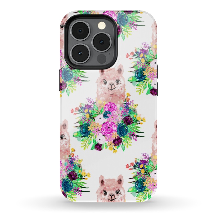 iPhone 13 pro StrongFit Cute Pink Alpaca and Flowers Watercolor paint by InovArts