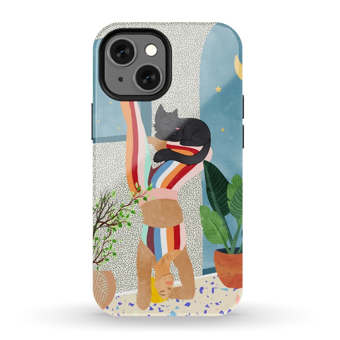 iPhone 13 mini StrongFit Headstand, Cat Yoga, Active Woman Workout, Eclectic Colorful Pets Terrazzo by Uma Prabhakar Gokhale