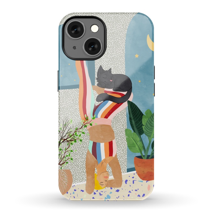 iPhone 13 StrongFit Headstand, Cat Yoga, Active Woman Workout, Eclectic Colorful Pets Terrazzo by Uma Prabhakar Gokhale