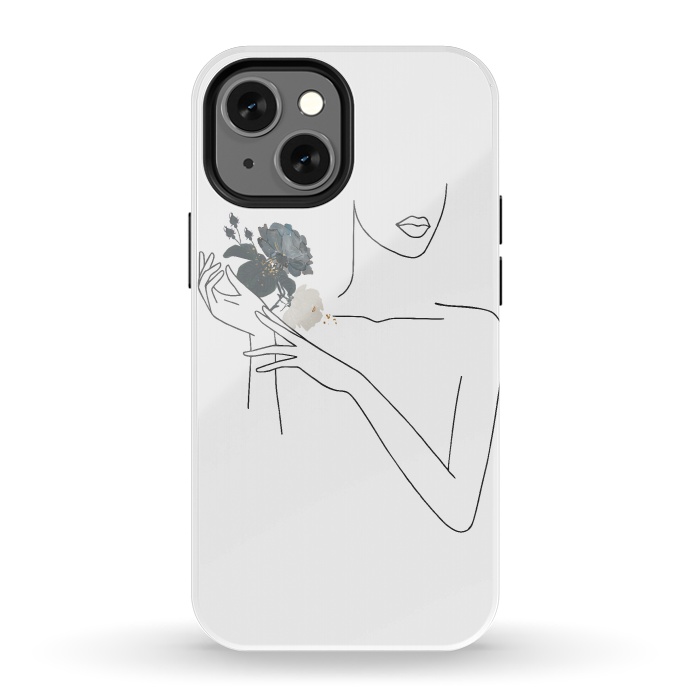 iPhone 13 mini StrongFit Lineart Girl With Black Flowers by DaDo ART