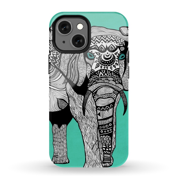 iPhone 13 mini StrongFit Turquoise Elephant by Pom Graphic Design