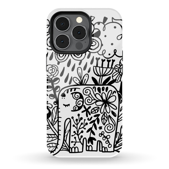 iPhone 13 pro StrongFit Doodle elephant and flowers by Anna Alekseeva