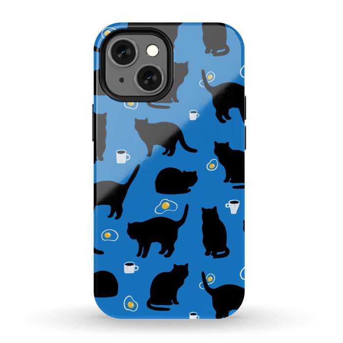 iPhone 13 mini StrongFit Black cat, fried eggs, coffee. Breakfast pattern. by Anna Alekseeva