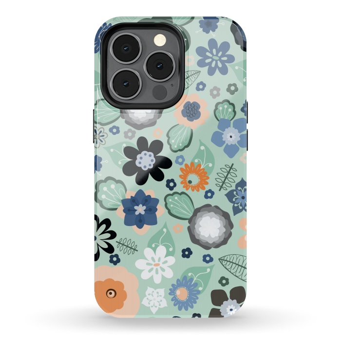 iPhone 13 pro StrongFit Kitsch 70s Flowers in Light Blue by Paula Ohreen