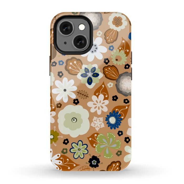 iPhone 13 mini StrongFit Kitsch 70s Flowers in Classic Blue and Brown by Paula Ohreen