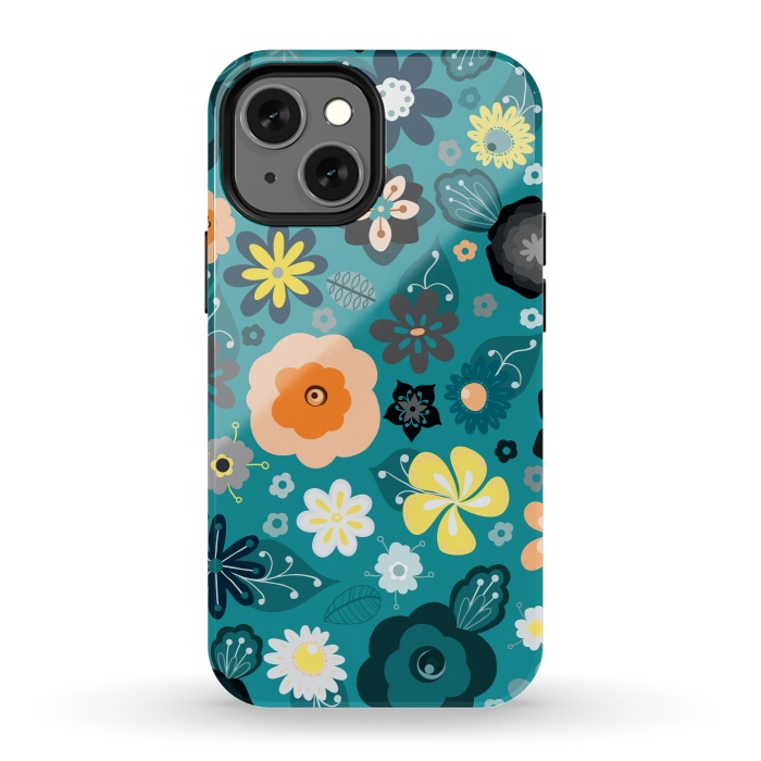 iPhone 13 mini StrongFit Kitsch 70s Flowers in Classic Blue and Yellow by Paula Ohreen