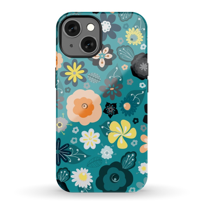 iPhone 13 StrongFit Kitsch 70s Flowers in Classic Blue and Yellow by Paula Ohreen