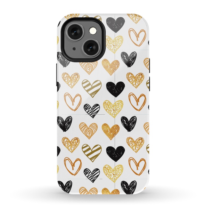 iPhone 13 mini StrongFit BLACK GOLDEN HEARTS PATTERN by MALLIKA