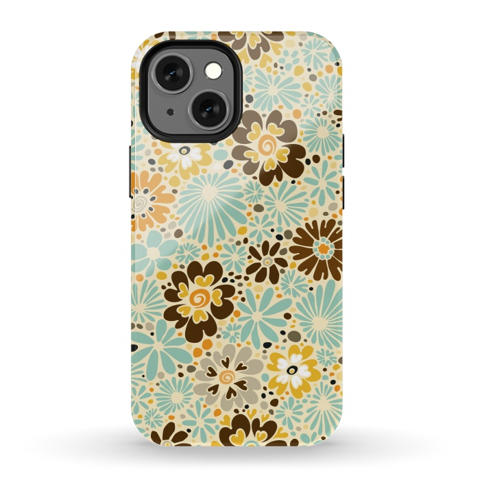 iPhone 13 mini StrongFit 70s Valentine Flowers in Orange, Brown and Blue by Paula Ohreen