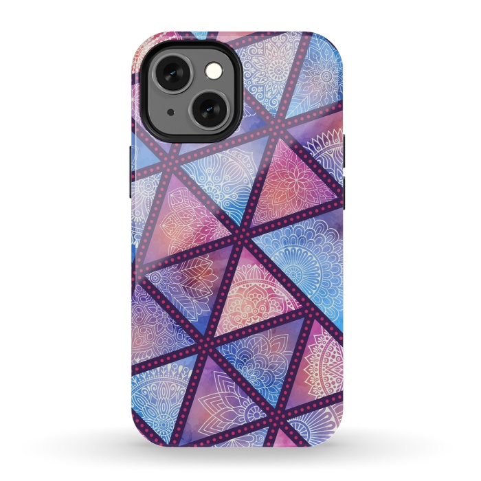 iPhone 13 mini StrongFit triangle mandala pattern blue pink by MALLIKA