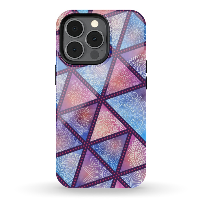 iPhone 13 pro StrongFit triangle mandala pattern blue pink by MALLIKA