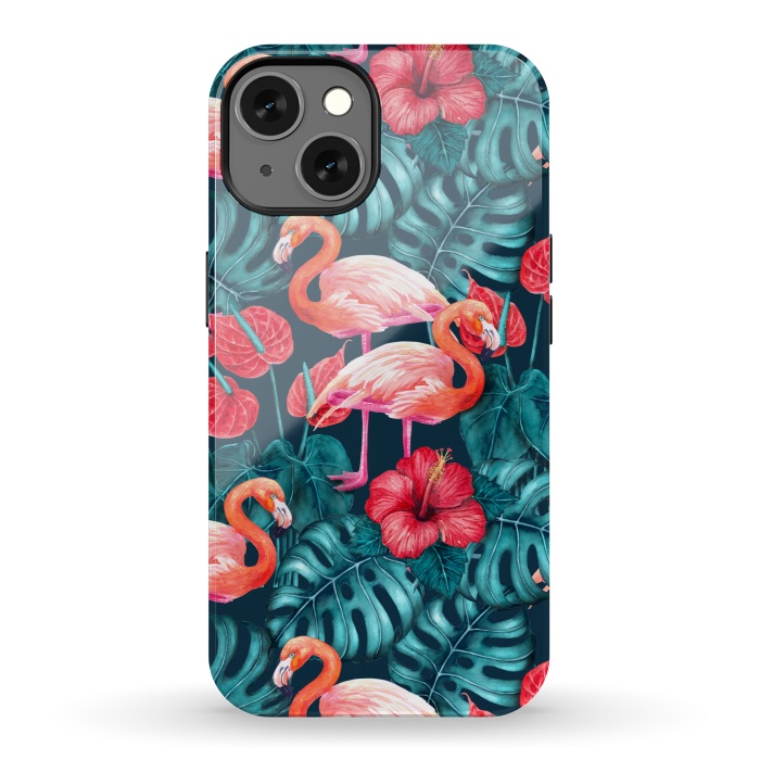iPhone 13 StrongFit Flamingo birds and tropical garden watercolor by Katerina Kirilova