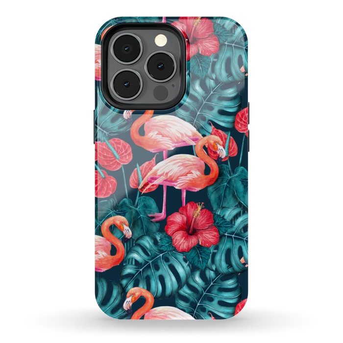 iPhone 13 pro StrongFit Flamingo birds and tropical garden watercolor by Katerina Kirilova