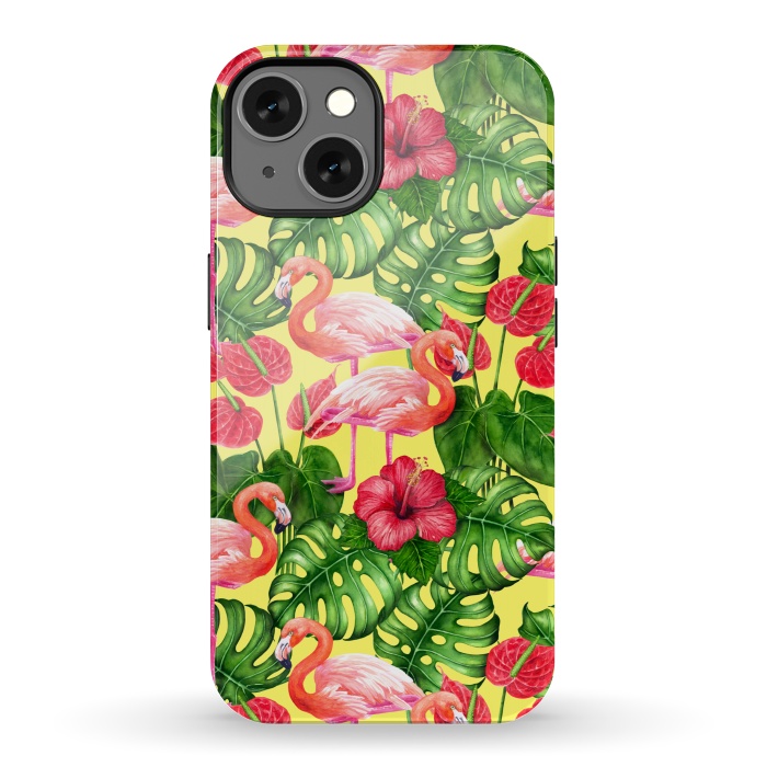 iPhone 13 StrongFit Flamingo birds and tropical garden watercolor 2 by Katerina Kirilova