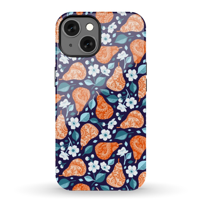iPhone 13 StrongFit Cheerful Pears in Orange on Navy Blue by Micklyn Le Feuvre