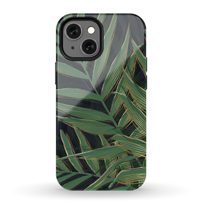 iPhone 13 mini StrongFit Trendy Green Palm Leaves Gold Strokes Gray Design by InovArts