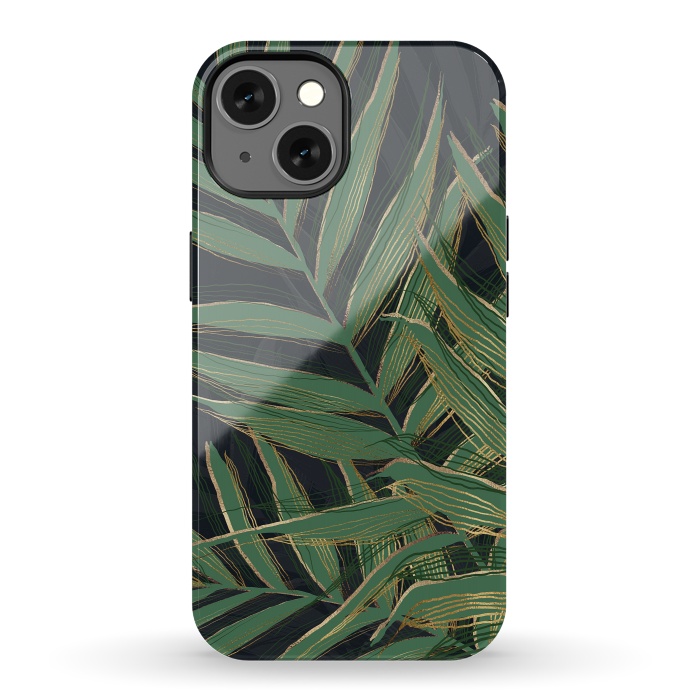 iPhone 13 StrongFit Trendy Green Palm Leaves Gold Strokes Gray Design by InovArts