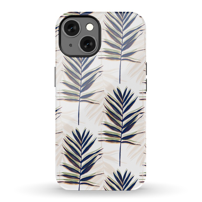 iPhone 13 StrongFit Modern Blue Palm Leaves Gold Strokes White Design by InovArts