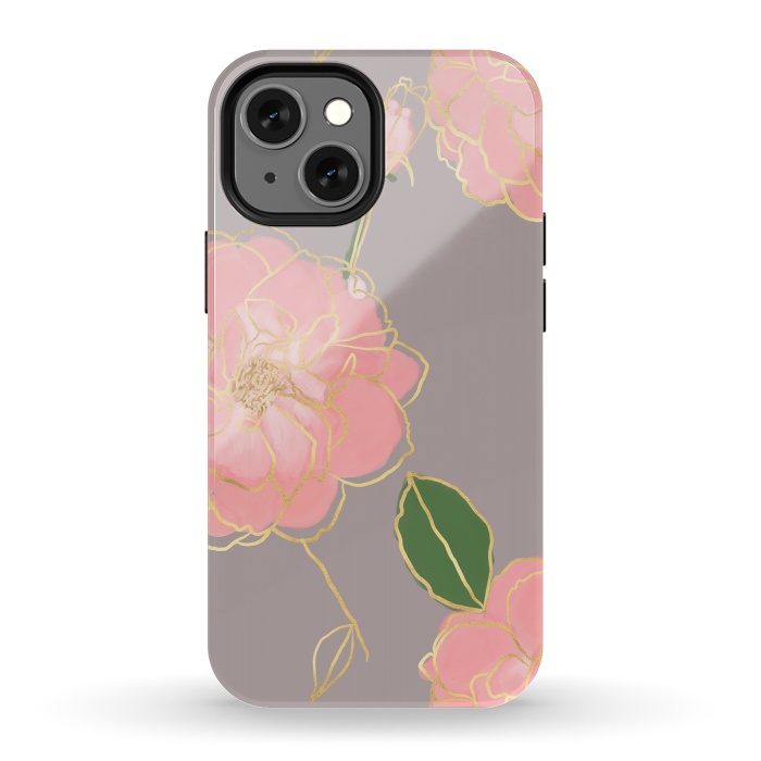 iPhone 13 mini StrongFit Elegant Pink & Gold Watercolor Roses Gray Design by InovArts