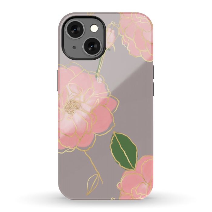 iPhone 13 StrongFit Elegant Pink & Gold Watercolor Roses Gray Design by InovArts