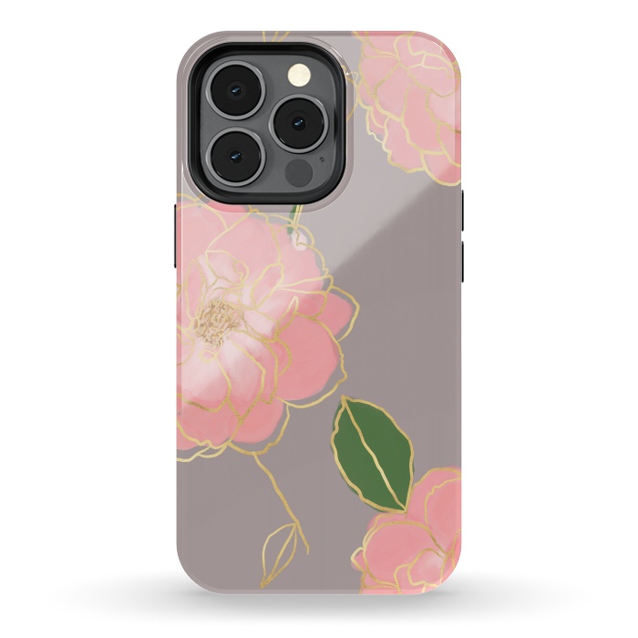 iPhone 13 pro StrongFit Elegant Pink & Gold Watercolor Roses Gray Design by InovArts