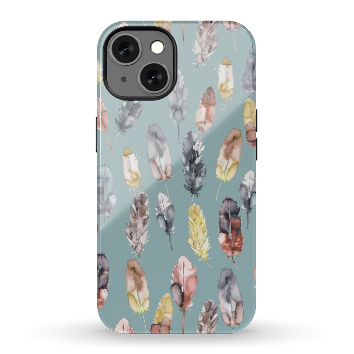 iPhone 13 StrongFit Boho Feathers Watercolor Yellow by Ninola Design